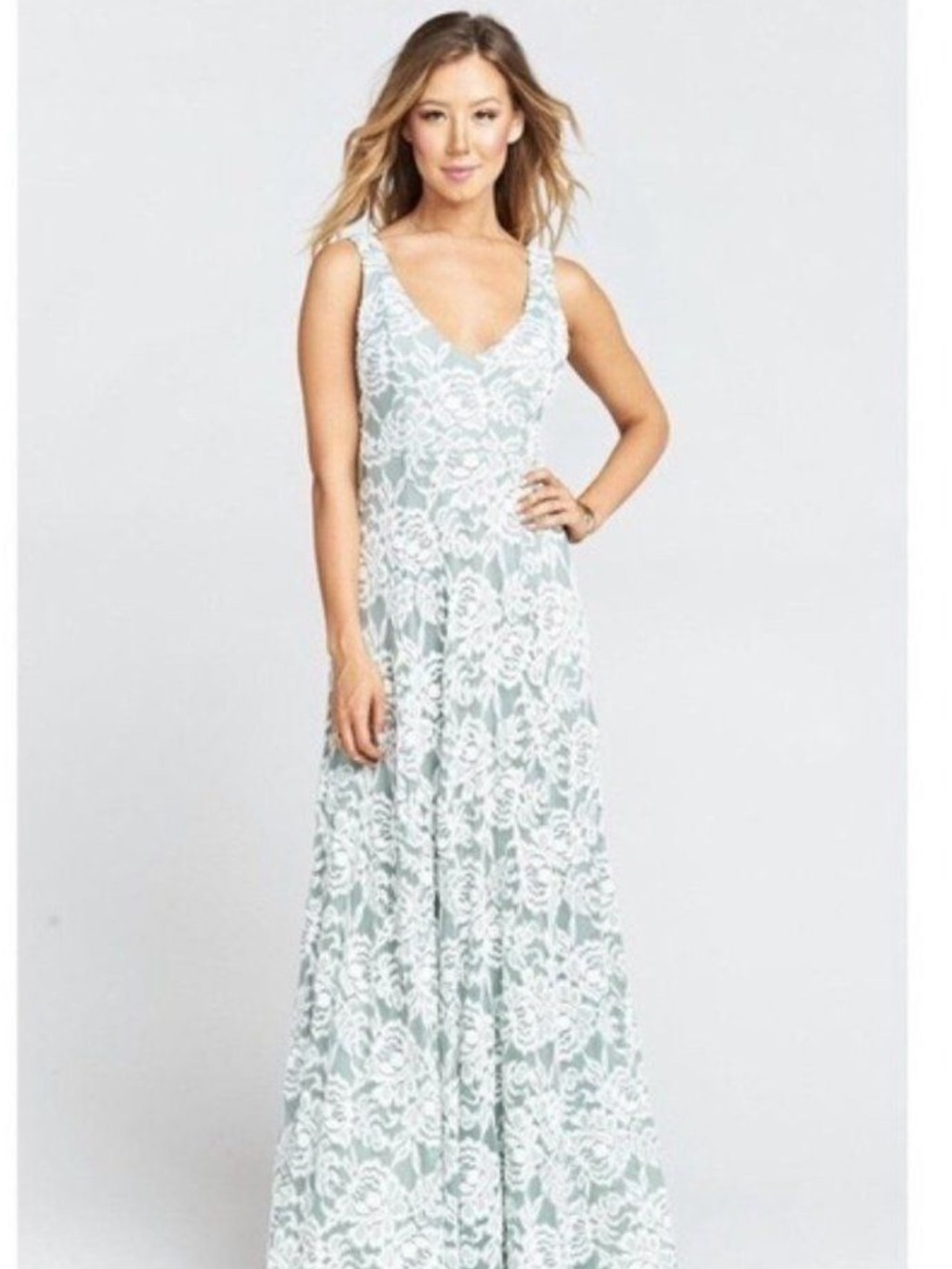 Show Me Your MuMu White Lace Maxi Dress with Mint Underlay NWT!